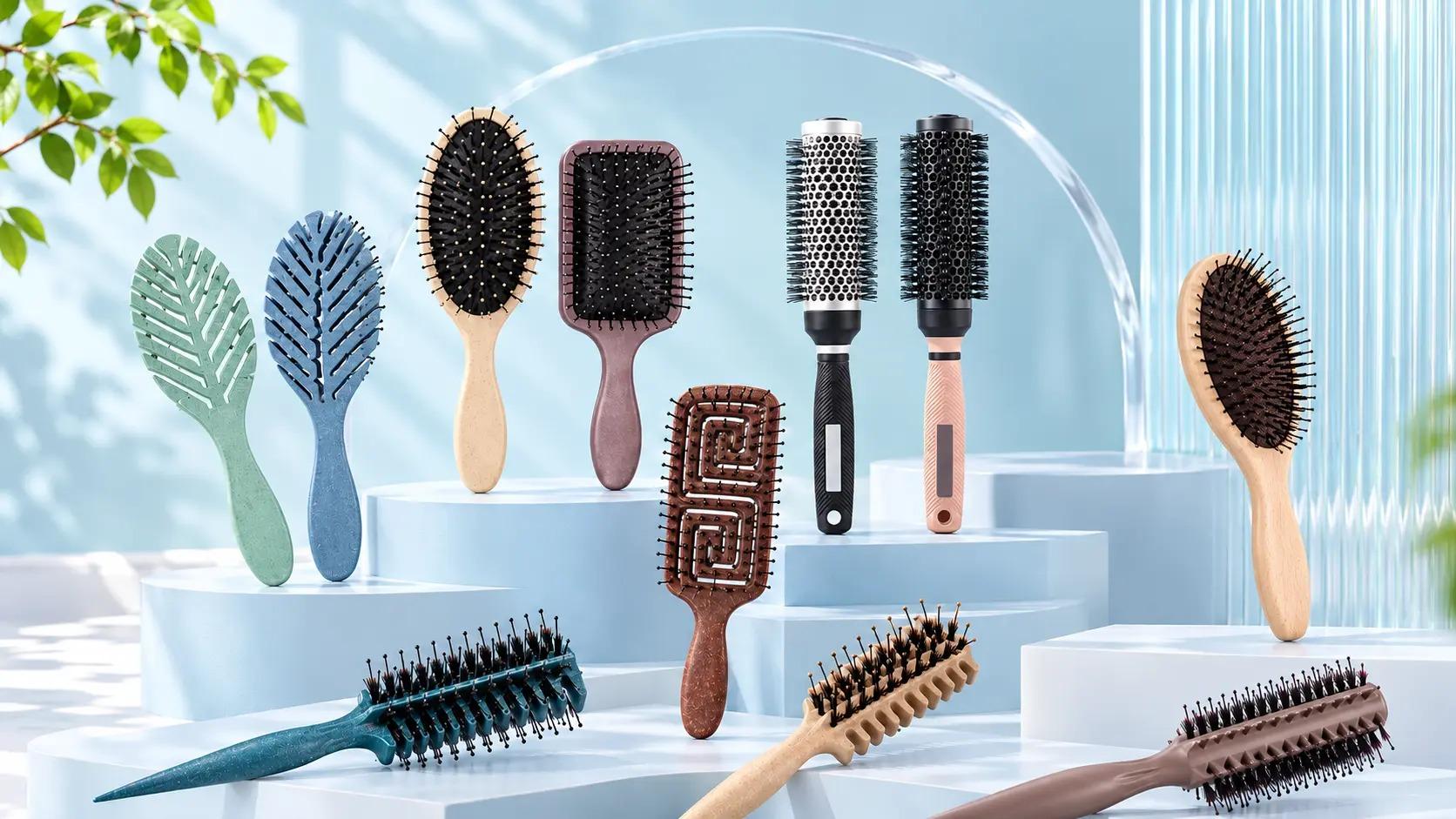 Professional hair brushes in black, wood, yellow, blue and pink on a light blue display